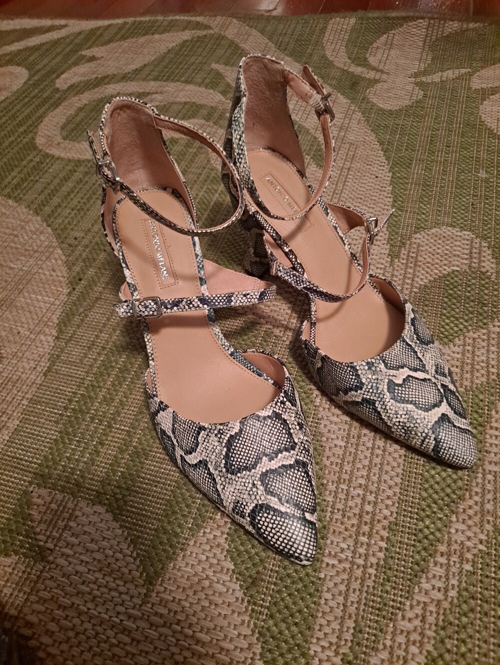 Antonio Melani Snake-Print Pointed Toe Ankle Strap Pumps - Neutral